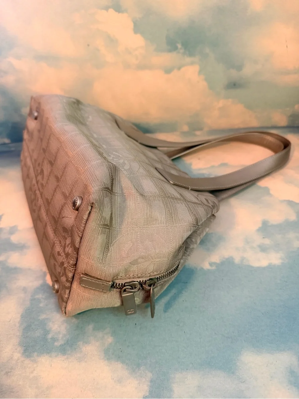 CHANEL gray Jacquard Satchel with silver Top Handles